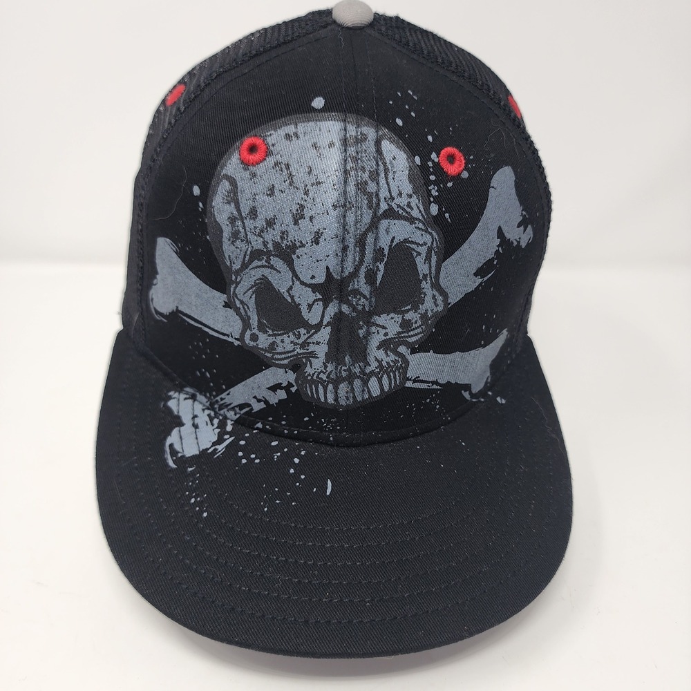 HYP Skull Crossbones Trucker Hat 58cm Goth Punk Flat Brim Mesh Black New